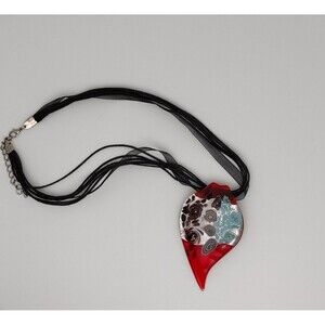Art Glass Leaf Necklace Pendant Ribbon Chain Statement Red Silver Black Blue 20"